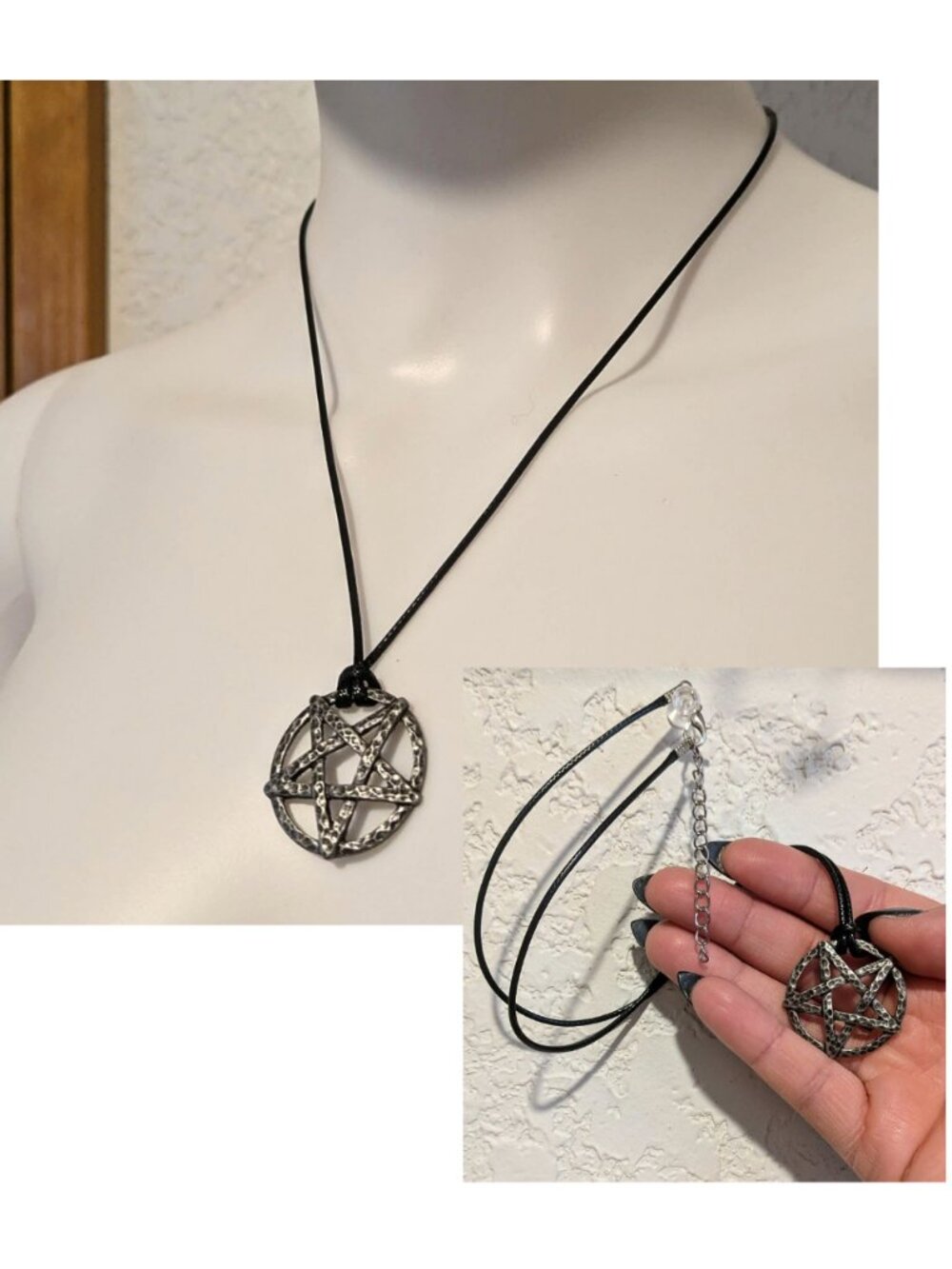 Goth Witchy Silver Tone Pentagram Pendant Necklace Adjustable Black Cord Occult